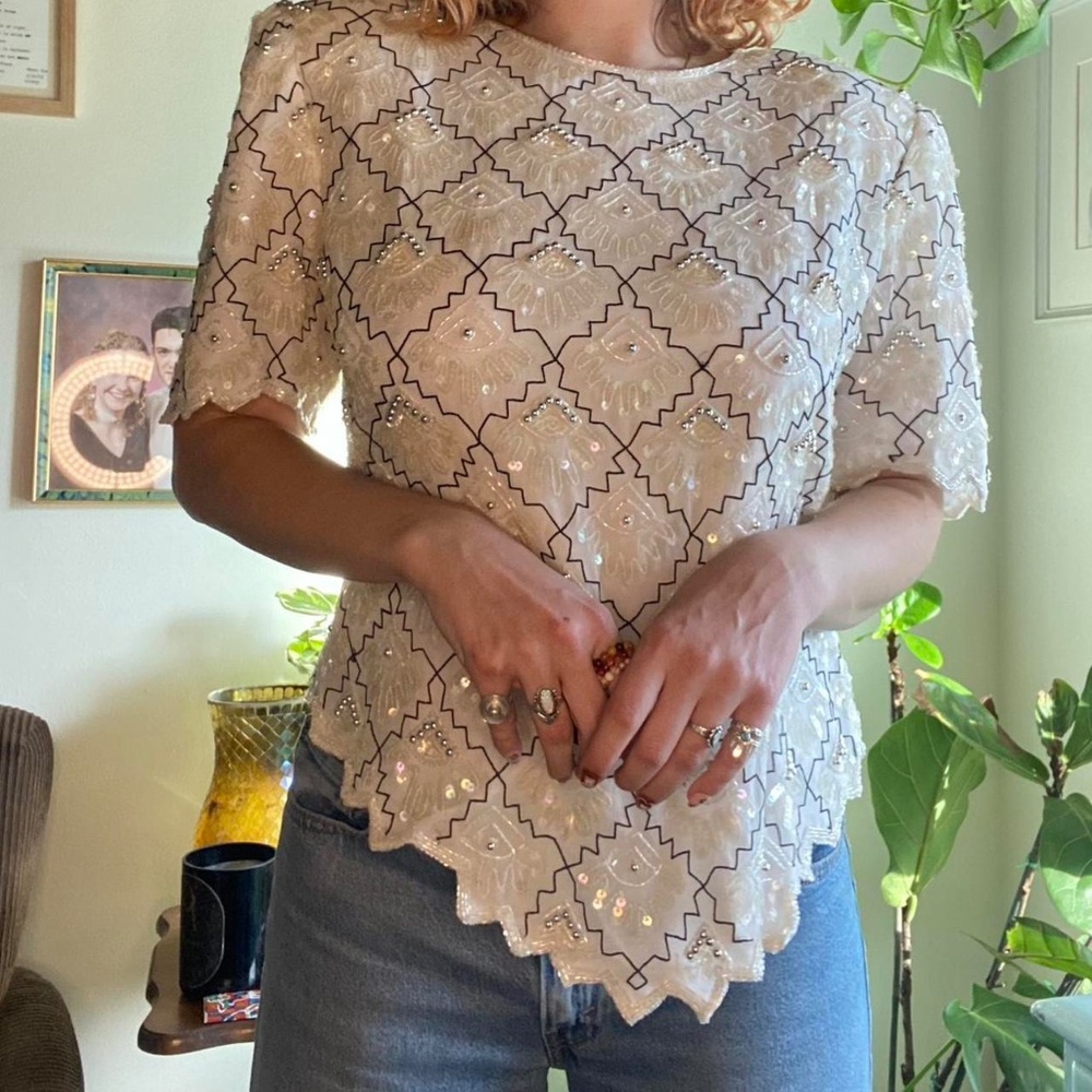 Laurence Kazar Beaded 80s STUNNING TOP ⚪️✨